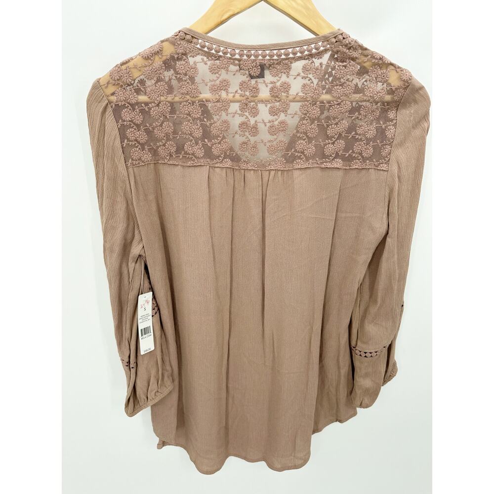 New Directions Mauve Taupe Lace Crochet V-Neck Peasant Blouse Small M9990199N4 - Picture 2 of 10